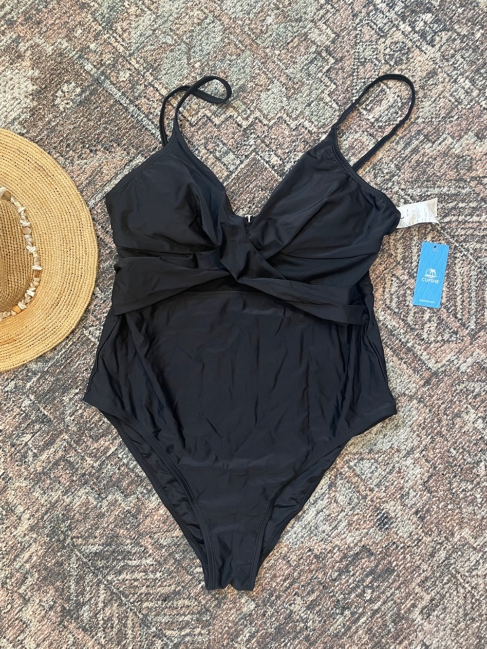 CUPSHE Black Mesh One Piece Swimsuit NWT Size L V-Neck Tummy Control